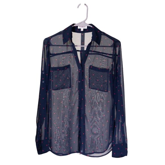 Express Women's Shirt Portofino Button Up Blue Pink Heart Valentine Blouse Top S - Picture 1 of 9